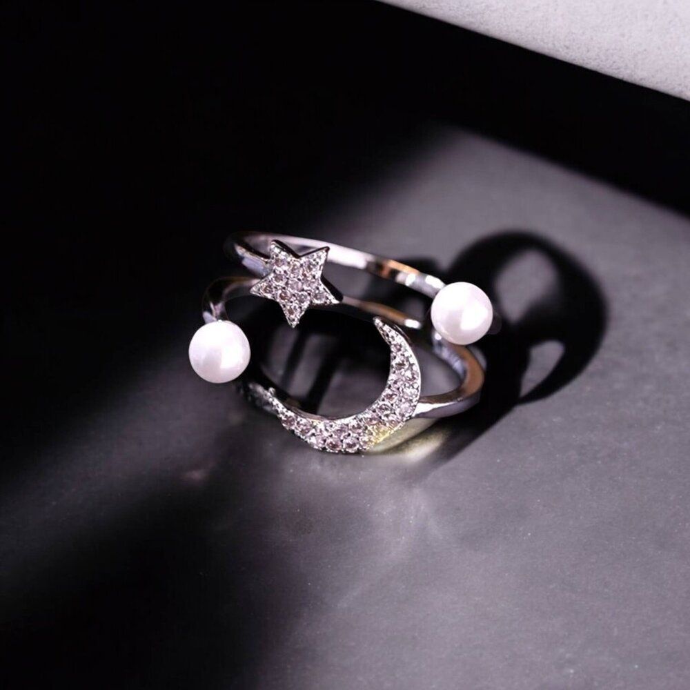 Silver Celestial Moon Stars Pearls Open Band Wrap Ring NEW